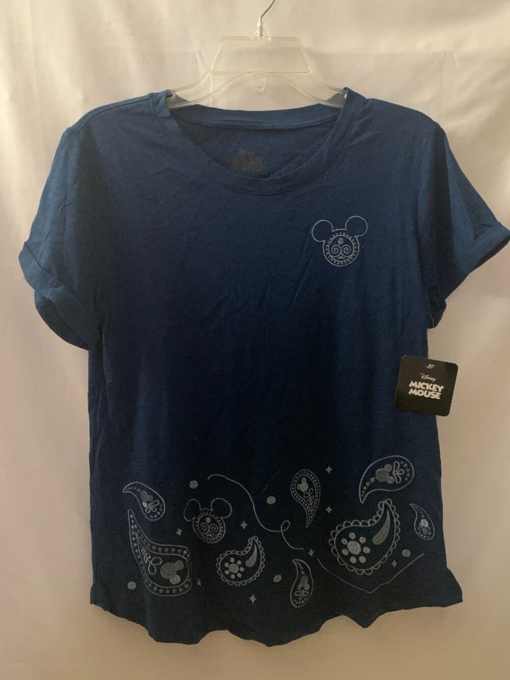 DISNEY Mickey Mouse Paisley Embroidered Tee in Navy Blue Sz MEDIUM